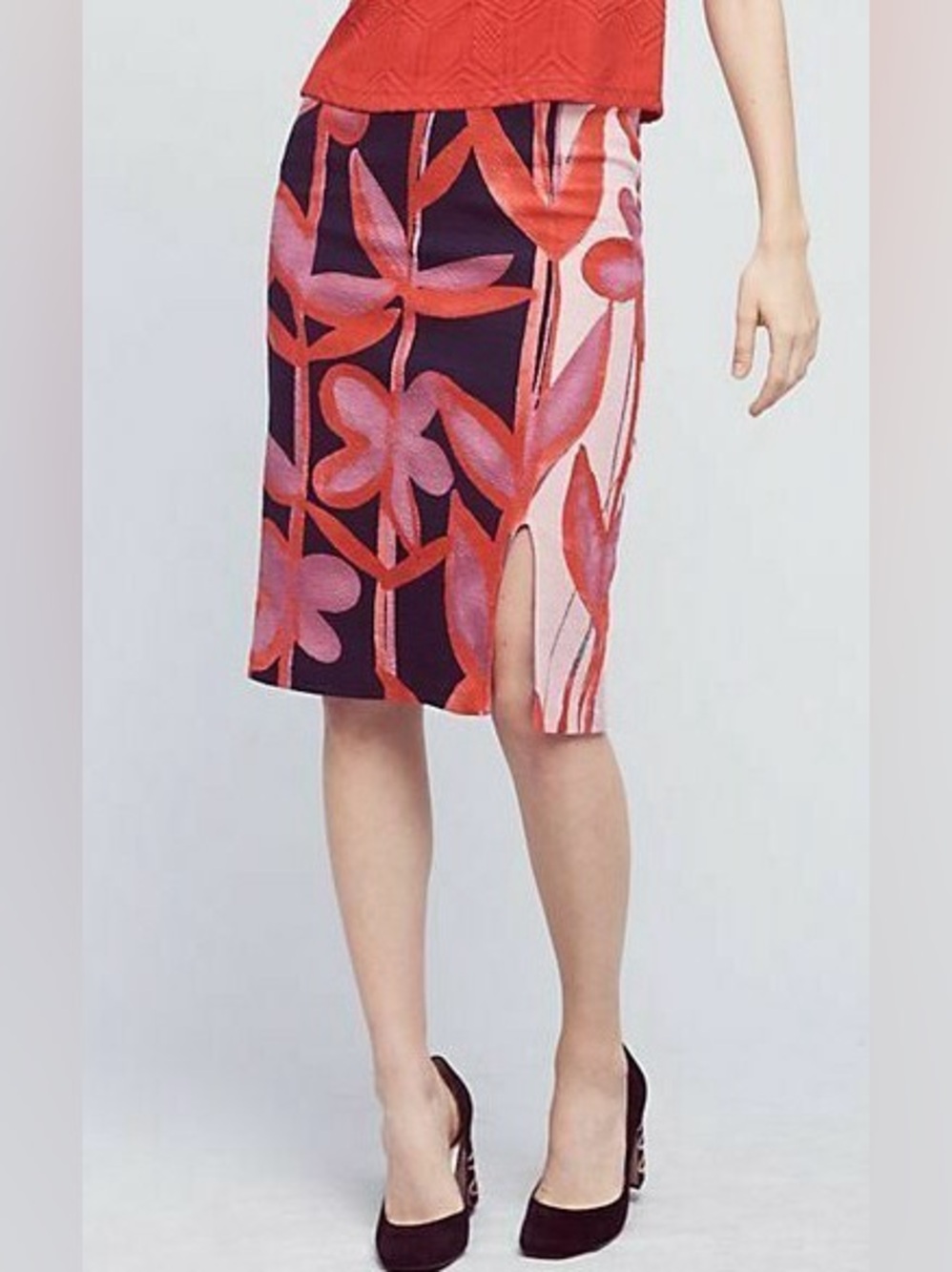 Anthropologie Maeve Cordyline Navy Floral Pencil Skirt with Pink & Red Accents